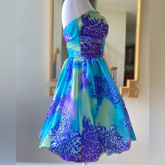 Mori Lee Sticks & Stones Teal/Purple Leopard Bubble Hem Mini Dress, size 3/4 - Picture 4 of 16